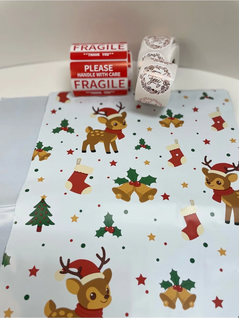 Christmas 20 Poly Mailers Thank you and Fragile Sticker Bundle